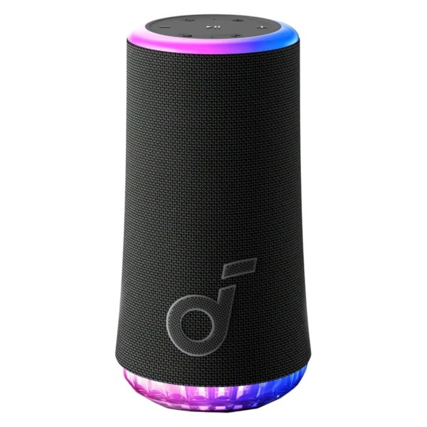 اسپیکر بلوتوثی قابل حمل انکر مدل Glow A3166011، منبع انرژی باتری لیتیوم-یونی، همراه با کابل USB-C، شیار کارت حافظه، درگاه ارتباطی شامل USB Type-C، دارای پخش صدای 360 درجه، مقاوم در برابر آب